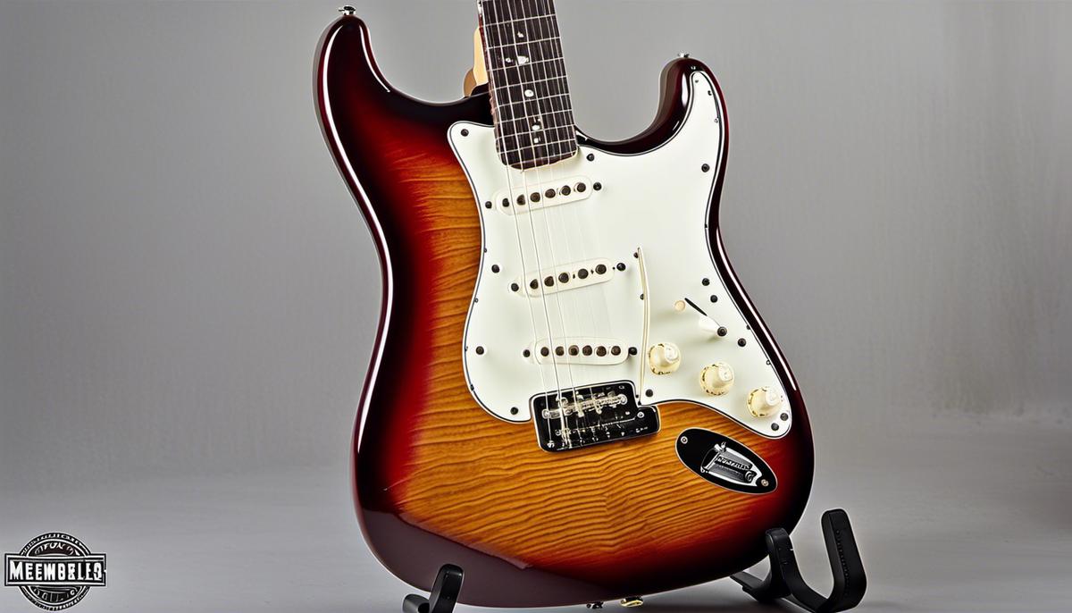 An image showcasing the key features of a Fender Stratocaster guitar: Body and Neck Materials, Pickups and Electronics, Hardware, and Playability and Aesthetics.