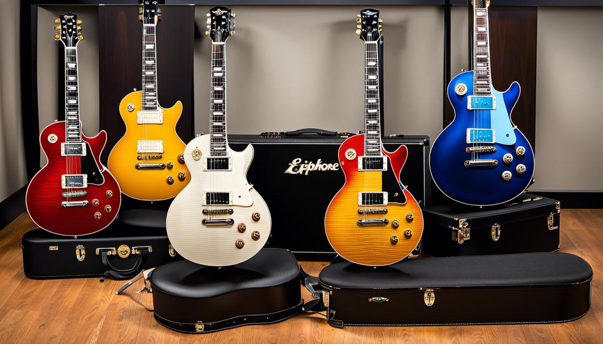 Epiphone Les Paul guitars laid out in a row, showcasing their various finishes and designs, illustrating the history and diversity of the iconic guitar line.