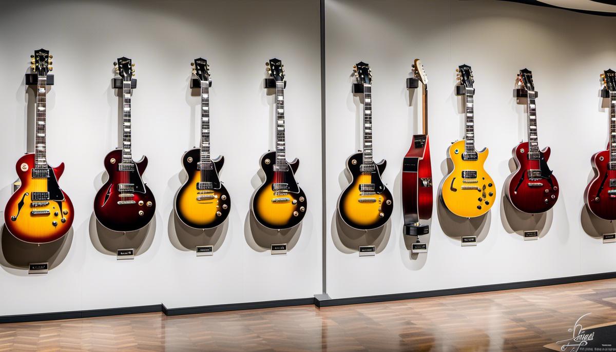 Image of various Epiphone Les Paul guitars on display