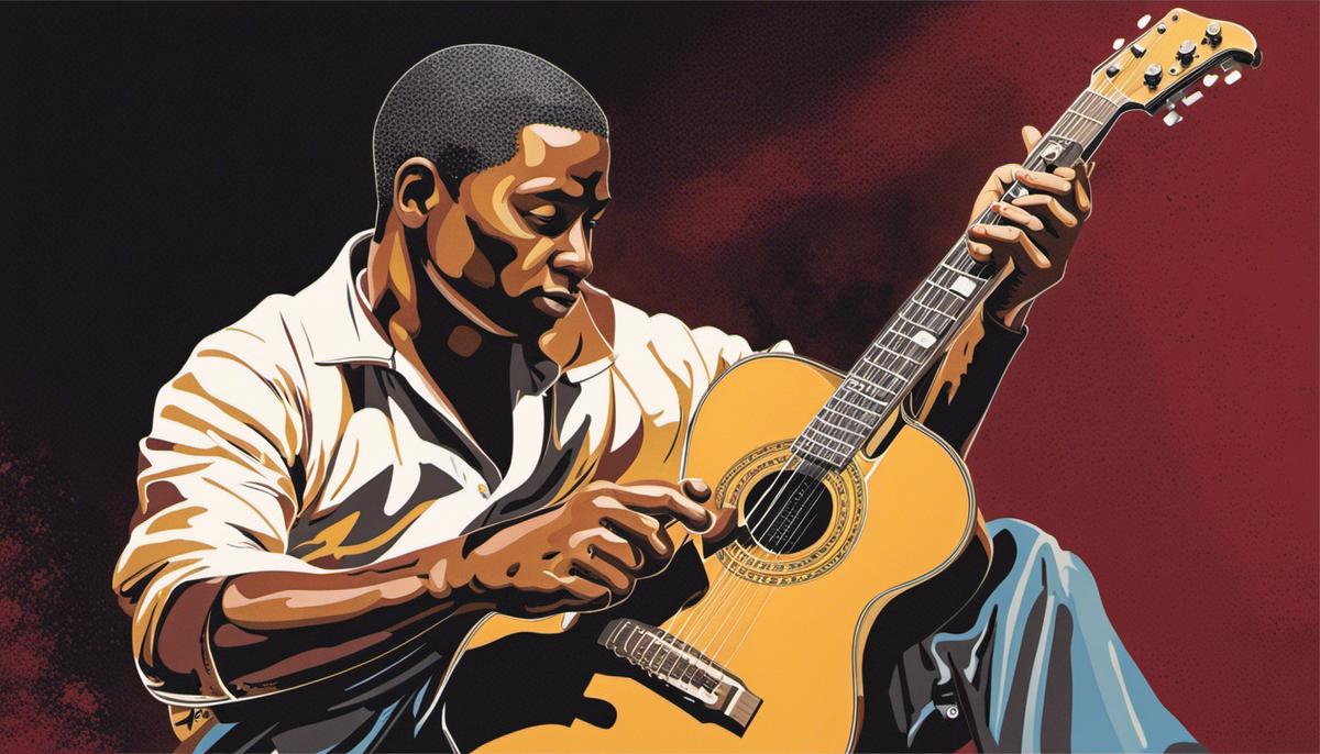 Illustration of a person adjusting a guitar, showing the different parts mentioned in the text.