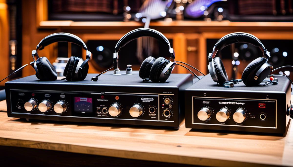 Various guitar headphone amps displayed on a table