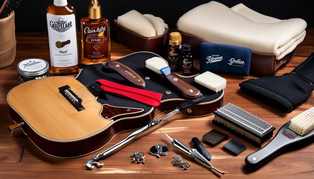 An image showing different tools and products for guitar maintenance, including guitar polish, cloths, and a toothbrush.
