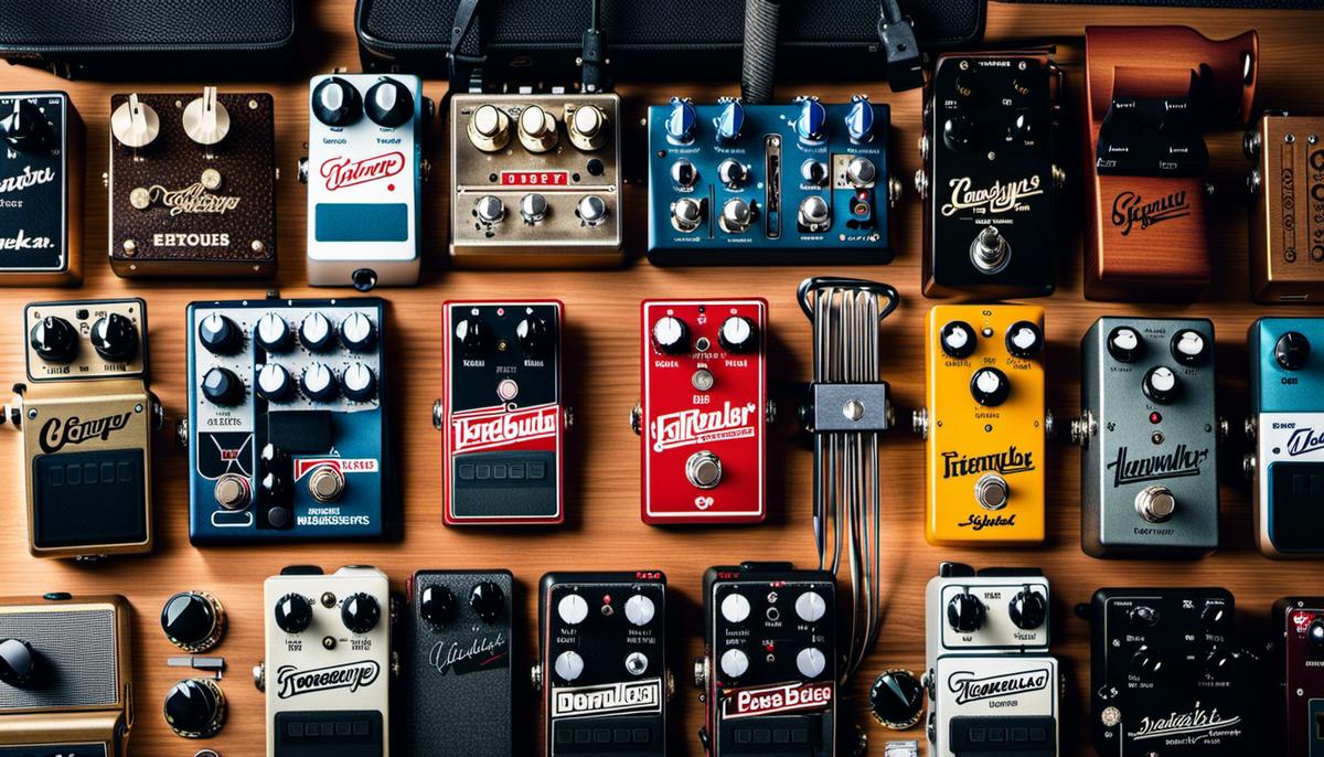 Various guitar pedals laid out on a table