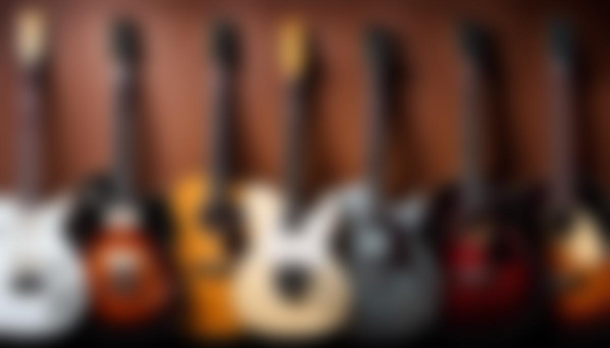 Image of different types of guitars displayed together side by side.
