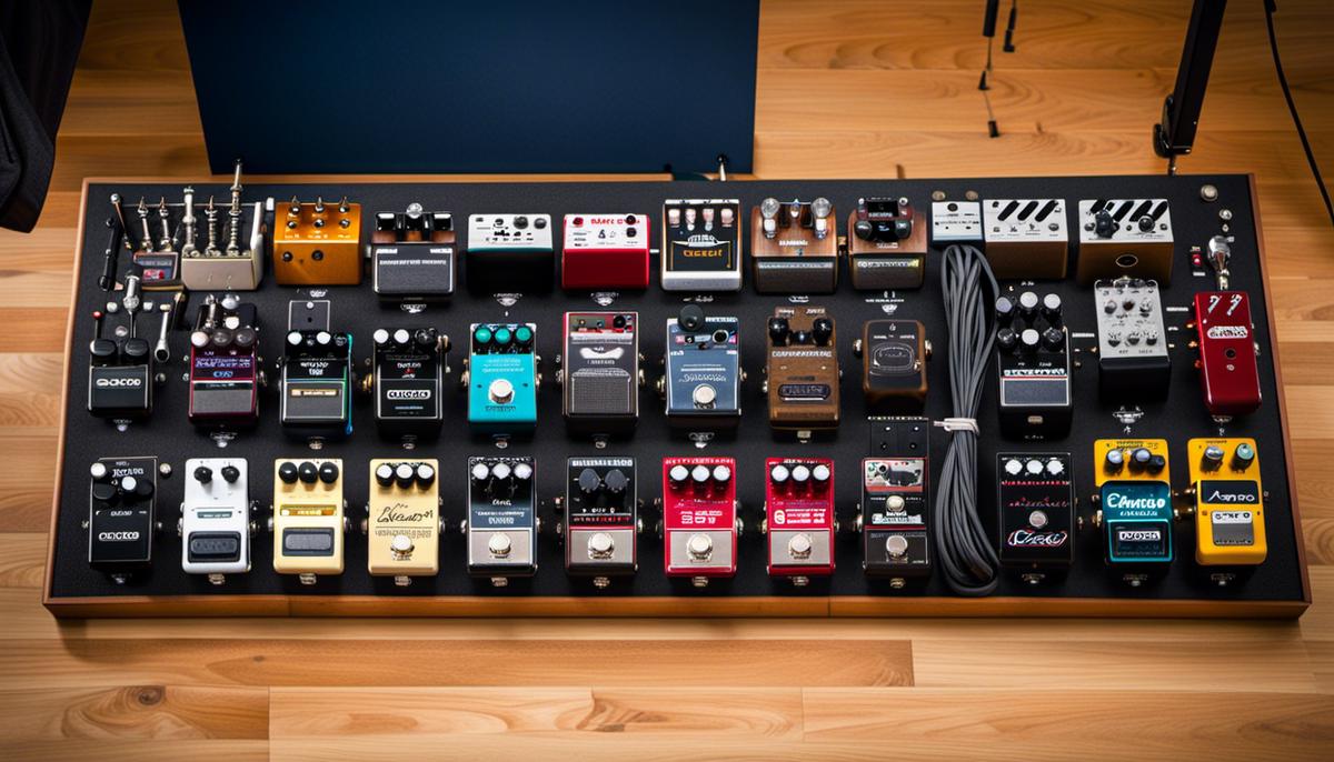 Image of various guitar pedals on a board.