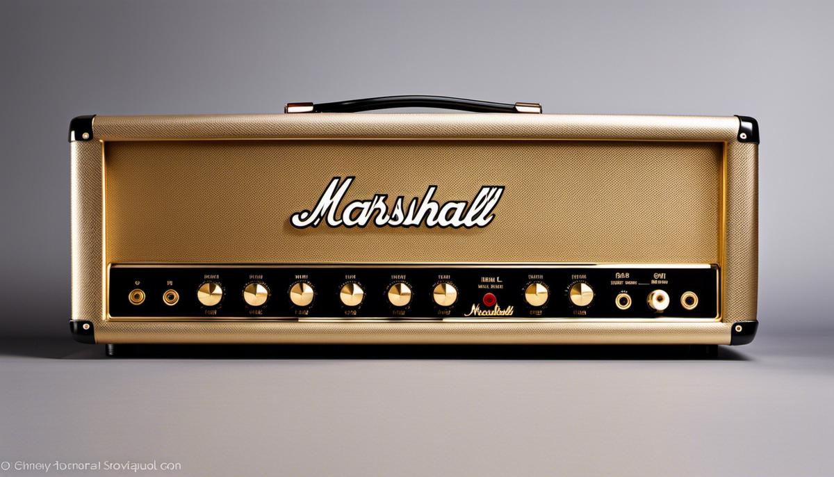 Golden faceplate of the Marshall 1959SLP Plexi amplifier